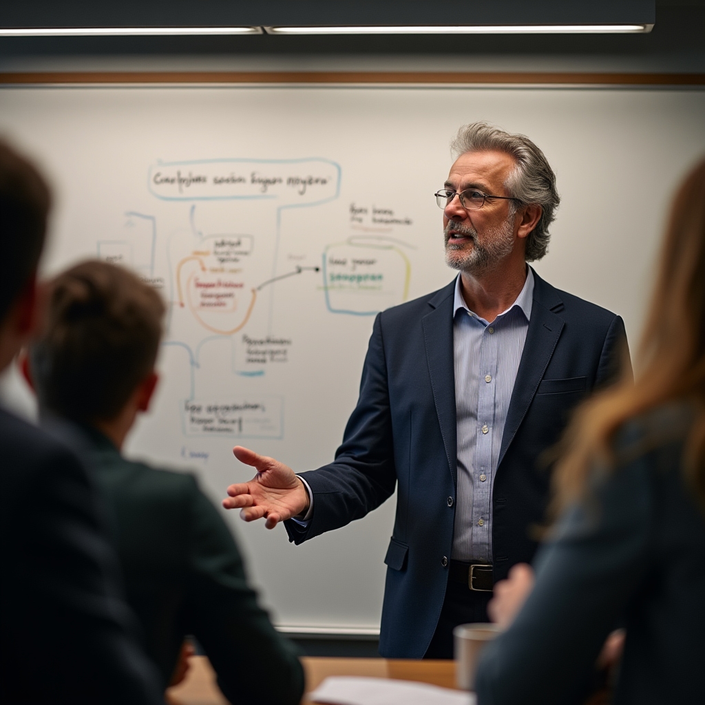 Educator presenting social aid concepts on a whiteboard