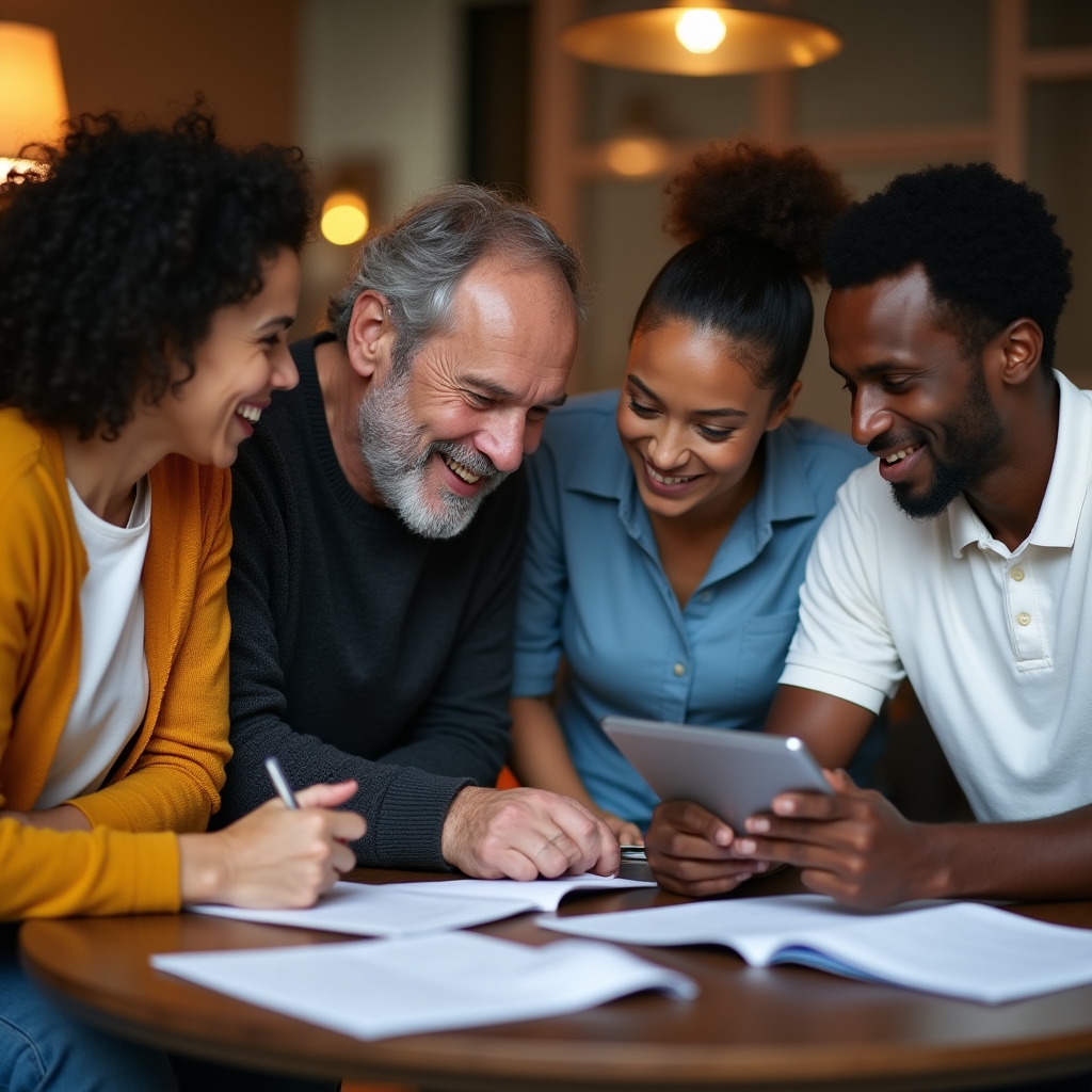 Small group engaged in focused discussion about social rights