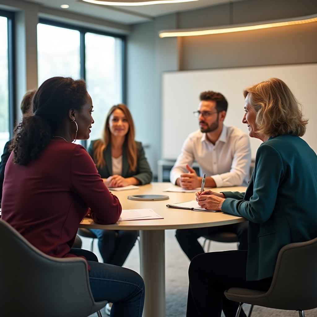 Collaborative training room with participants at round tables